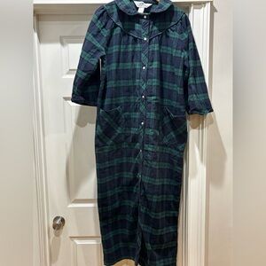 The Vermont Country Store Flannel Snap Nightgown Blue Green  Plaid Size Medium